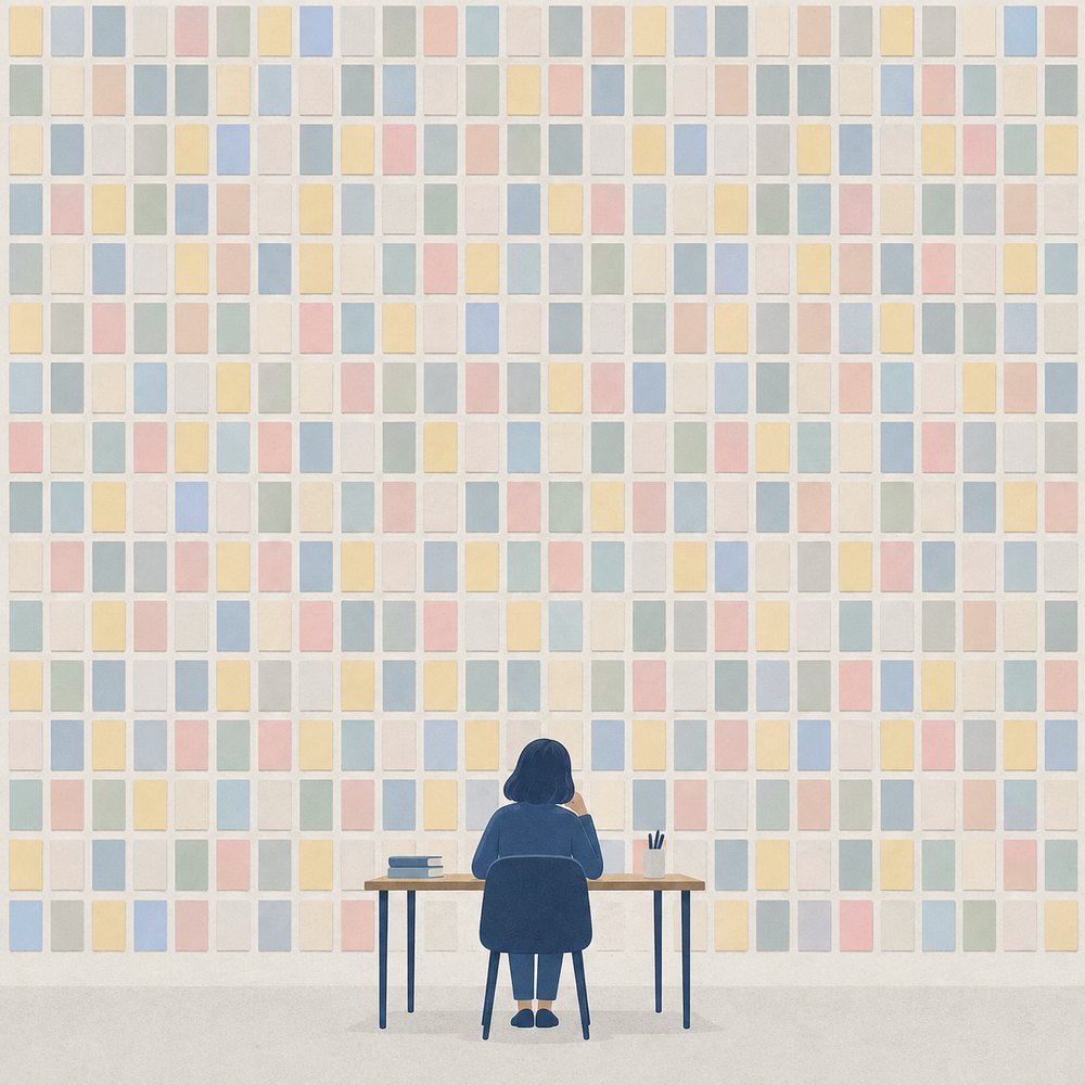 Ilustração: uma pessoa sentada a uma mesa diante de um paredão imenso de centenas de santinhos em branco.